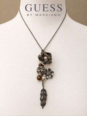GUESS Silver-Tone Floral Multi-Charm Statement Necklace | Pearl Crystal Leaf Dro